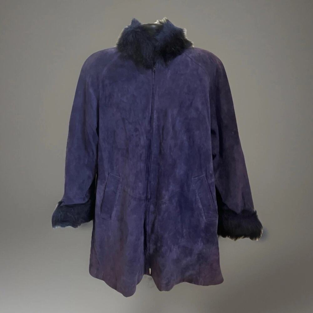 VTG 80s Penny Lane Blue Suede Leather Jacket Coat Faux Fur Danier Oversize Y2K